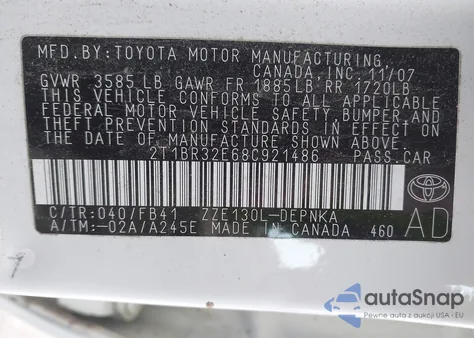 2008 Toyota Corolla Le from USA, damaged, VIN 2T1BR32E68C921486